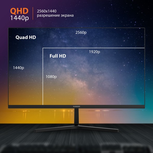 Монитор SunWind 27&amp;quot; SM-27QI201 черный IPS LED 16:9 HDMI M/M матовая 300cd 178гр/178гр 2560x1440 75Hz G-Sync DP 2K 4.3кг