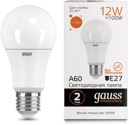 Лампа светодиодная Gauss Elementary 12Вт цок.:E27 груша 220B 3000K св.свеч.бел.теп. A60 (упак.:10шт) (23212)