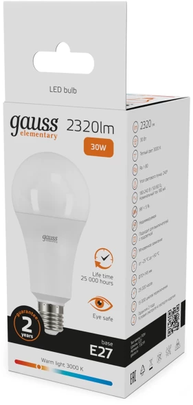 Лампа светодиодная Gauss Elementary A67 30Вт цок.:E27 груша 220B св.свеч.бел.теп. А67 (упак.:10шт) (73219)