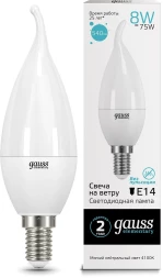 Лампа светодиодная Gauss Elementary 8Вт цок.:E14 свеча 220B 4100K св.свеч.бел.нейт. (упак.:10шт) (34128)