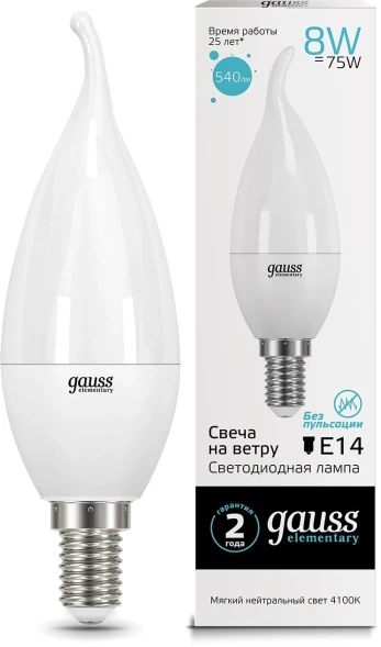 Лампа светодиодная Gauss Elementary 8Вт цок.:E14 свеча 220B 4100K св.свеч.бел.нейт. (упак.:10шт) (34128)