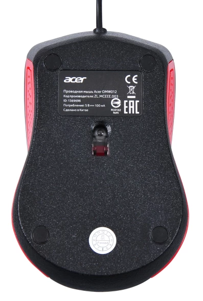 Мышь Acer OMW012 черный/красный оптическая (1200dpi) USB (3but)