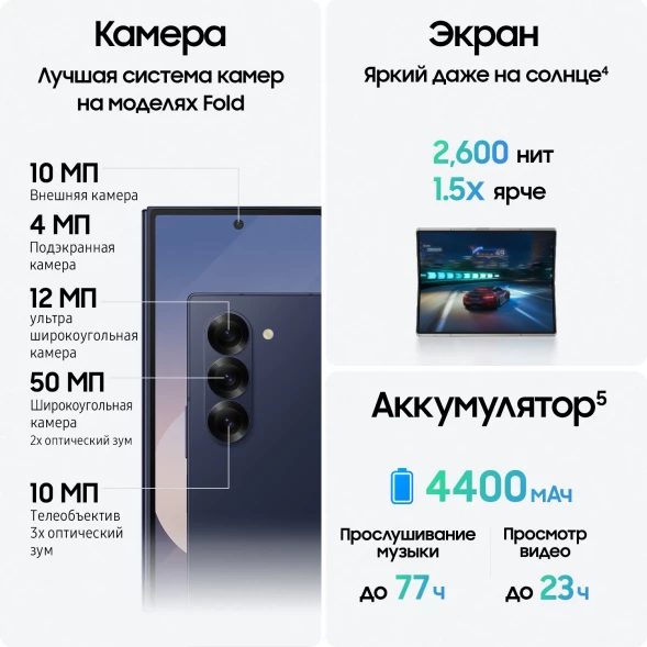 Смартфон Samsung SM-F956B Galaxy Z Fold 6 256Gb 12Gb синий раскладной 3G 4G 2Sim 7.6&amp;quot; 1856x2160 Android 14 50Mpix 802.11 a/b/g/n/ac/ax NFC GPS GSM900/1800 GSM1900 Protect