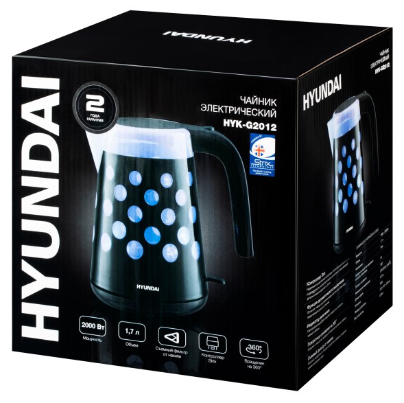 Чайник электрический Hyundai HYK-G2012 1.7л. 2000Вт черный/прозрачный корпус: пластик