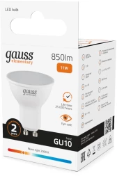 Лампа светодиодная Gauss Elementary 13611 11Вт цок.:GU10 софит 220B св.свеч.бел.теп. (упак.:10шт)