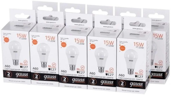 Лампа светодиодная Gauss Elementary 15Вт цок.:E27 груша 220B 3000K св.свеч.бел.теп. A60 (упак.:10шт) (23215)