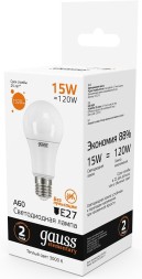 Лампа светодиодная Gauss Elementary 15Вт цок.:E27 груша 220B 3000K св.свеч.бел.теп. A60 (упак.:10шт) (23215)