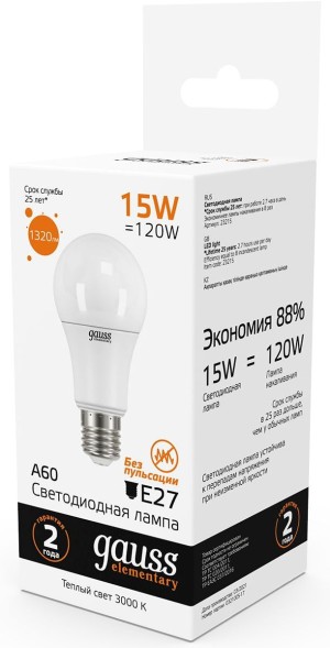 Лампа светодиодная Gauss Elementary 15Вт цок.:E27 груша 220B 3000K св.свеч.бел.теп. A60 (упак.:10шт) (23215)