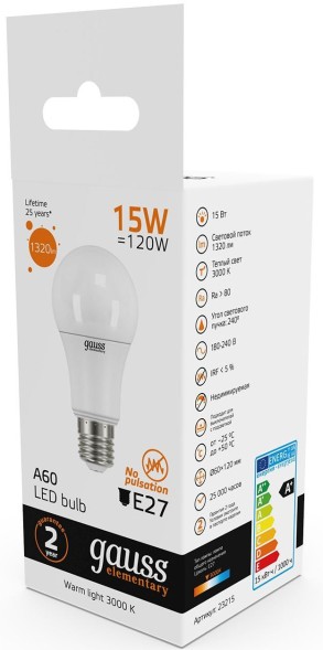 Лампа светодиодная Gauss Elementary 15Вт цок.:E27 груша 220B 3000K св.свеч.бел.теп. A60 (упак.:10шт) (23215)
