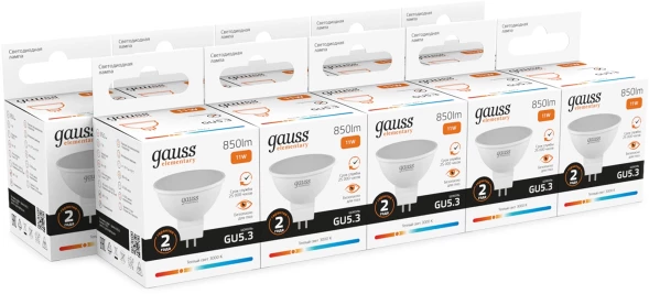 Лампа светодиодная Gauss Elementary 13511 11Вт цок.:GU5.3 софит 220B св.свеч.бел.теп. MR16 (упак.:10шт)