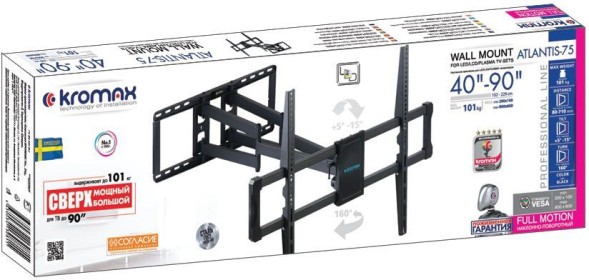 Кронштейн для телевизора Kromax ATLANTIS-75 черный 40&amp;quot;-90&amp;quot; макс.101кг настенный поворотно-выдвижной и наклонный