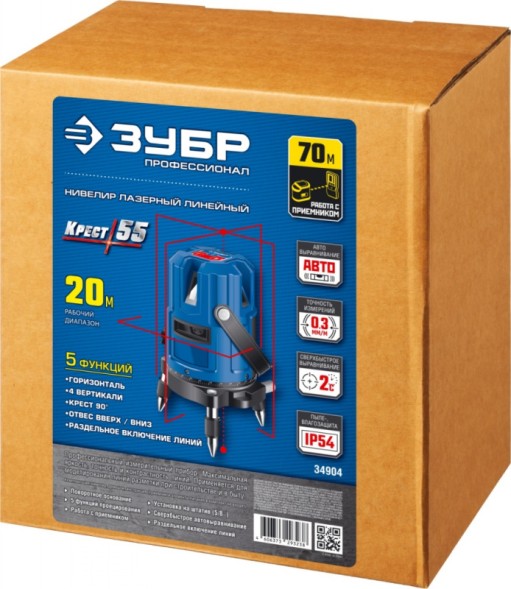 Нивелир лазерн. Зубр Крест-55 2кл.лаз. 660нм цв.луч. красный 3луч. (34904)