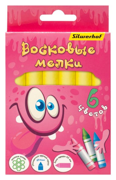 Восковые мелки Silwerhof Jumbo Монстрики круглые 6цв. дл.115ммд.14мм картон.кор.