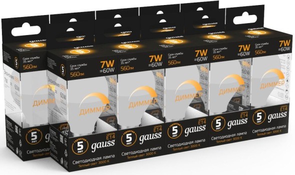 Лампа светодиодная Gauss 7Вт цок.:E14 шар 220B 3000K св.свеч.бел.теп. (упак.:1шт) (105101107-D)