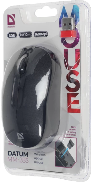 Мышь Defender Datum MM-285 черный оптическая 1600dpi беспров. USB 2but (52285)