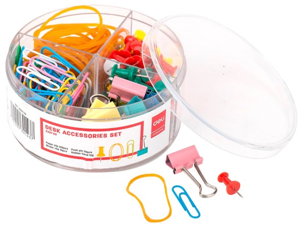 Набор мелкоофисный Deli EZ20703 резинки для купюр 12гр гвоздики 50шт скрепки 100шт зажимы 10шт пластиковая туба