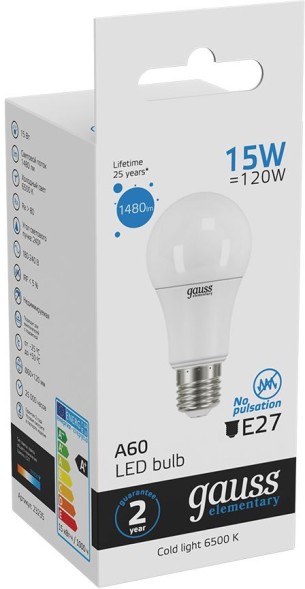 Лампа светодиодная Gauss Elementary 15Вт цок.:E27 груша 220B 6500K св.свеч.бел.хол. A60 (упак.:10шт) (23235)