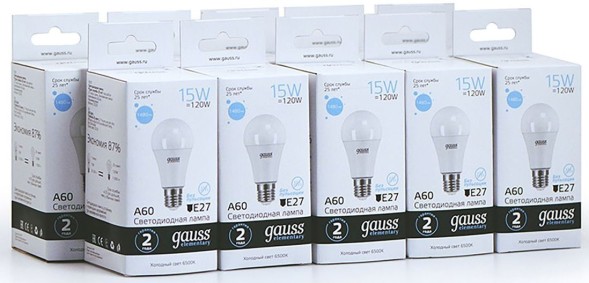 Лампа светодиодная Gauss Elementary 15Вт цок.:E27 груша 220B 6500K св.свеч.бел.хол. A60 (упак.:10шт) (23235)