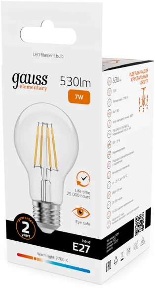 Лампа филам. Gauss Filament 7Вт цок.:E27 груша 220B св.свеч.бел.теп. (упак.:10шт) (22217)
