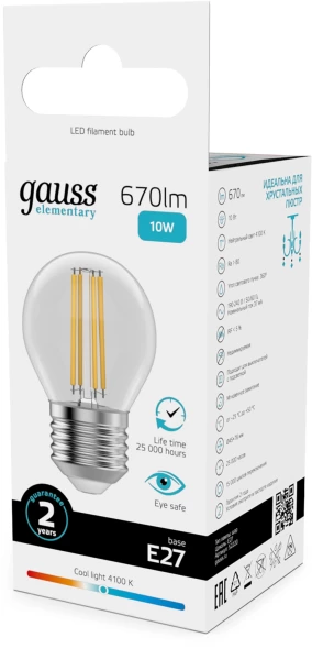 Лампа филам. Gauss Filament 10Вт цок.:E27 шар 220B св.свеч.бел.нейт. (упак.:10шт) (52220)