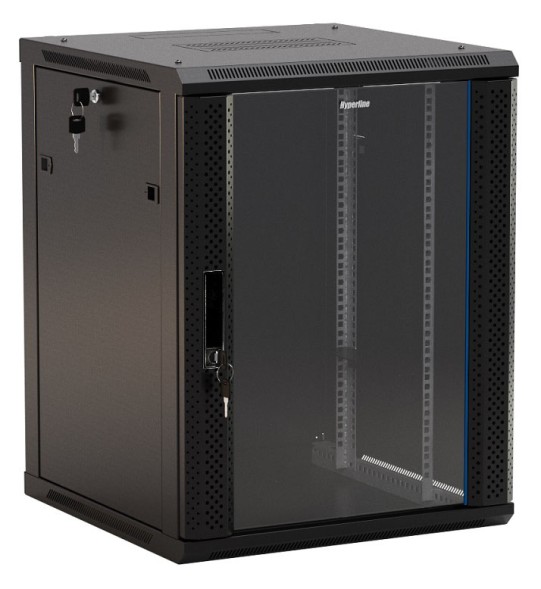 Шкаф коммутационный Hyperline (TWB-1266-GP-RAL9004) настенный 12U 600x600мм пер.дв.стекл 2 бок.пан. 60кг черный 650мм IP20 сталь