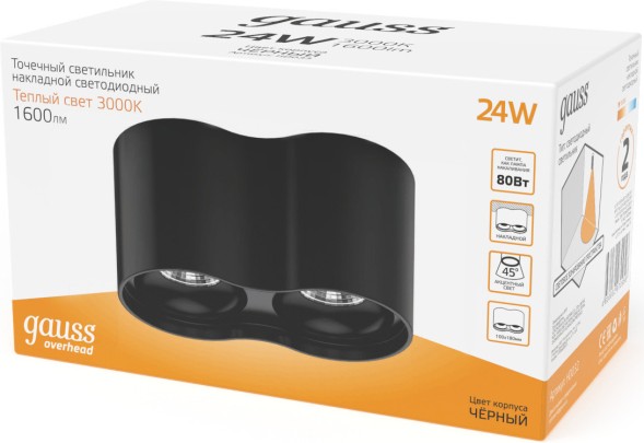 Светильник Gauss Overhead HD033 потолоч. 24Вт 3000K цв.св.:белый теплый черный
