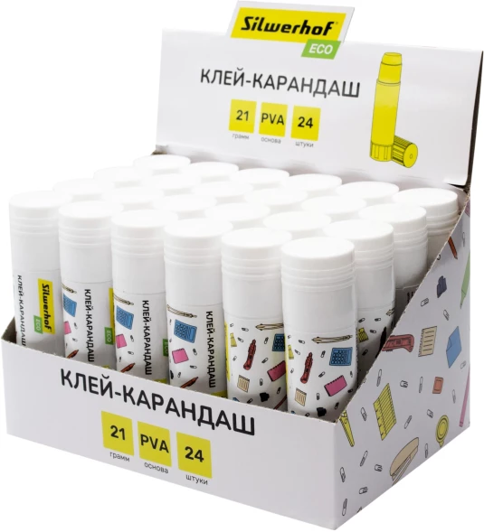 Клей-карандаш Silwerhof Eco 21гр ПВА дисплей картонный