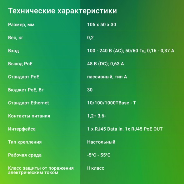 Инжектор PoE Digma DNP30W48GTAP 10/100/1000BASE-T 30Вт 100-240В(АС)