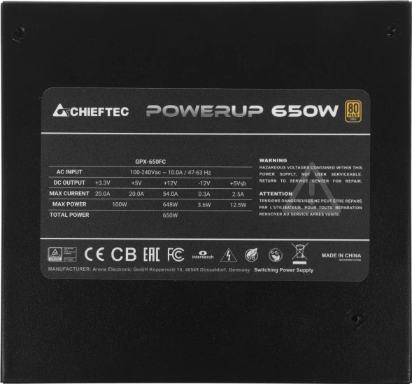 Блок питания Chieftec ATX 650W PowerUp GPX-650FC 80+ gold 24pin APFC 120mm fan 9xSATA Cab Manag RTL
