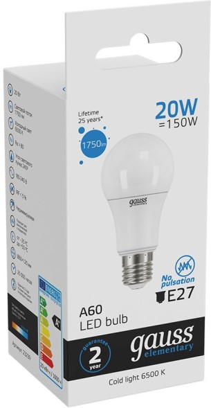 Лампа светодиодная Gauss Elementary 20Вт цок.:E27 груша 220B 6500K св.свеч.бел.хол. A60 (упак.:10шт) (23239)