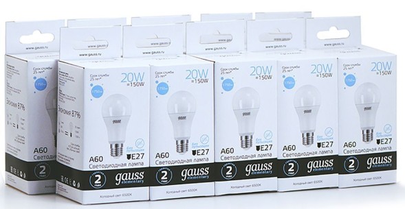 Лампа светодиодная Gauss Elementary 20Вт цок.:E27 груша 220B 6500K св.свеч.бел.хол. A60 (упак.:10шт) (23239)