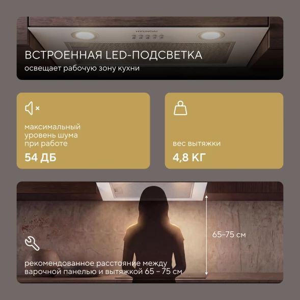 Вытяжка встраиваемая Hyundai HBB 6030 W белый управление: кнопочное (1 мотор)