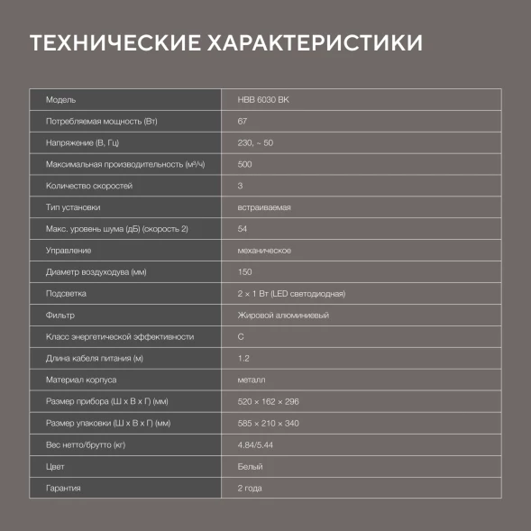 Вытяжка встраиваемая Hyundai HBB 6030 W белый управление: кнопочное (1 мотор)