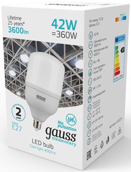 Лампа светодиодная Gauss Elementary T120 42Вт цок.:E27 цилин. 220B 3600K св.свеч.бел.нейт. (упак.:1шт) (63224)