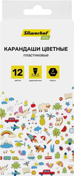 Карандаши цв. Silwerhof Eco 2.6мм шестигран. пластик ассорти 12цв. коробка/европод.