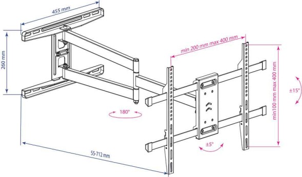 Кронштейн для телевизора Kromax DIX-20 черный 22&amp;quot;-65&amp;quot; макс.45кг настенный поворотно-выдвижной и наклонный