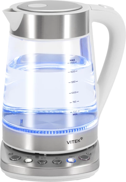 Чайник электрический Vitek VT-WK1031 1.7л. 2200Вт белый/серебристый корпус: стекло/металл/пластик