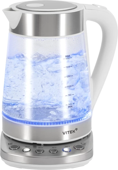 Чайник электрический Vitek VT-WK1031 1.7л. 2200Вт белый/серебристый корпус: стекло/металл/пластик