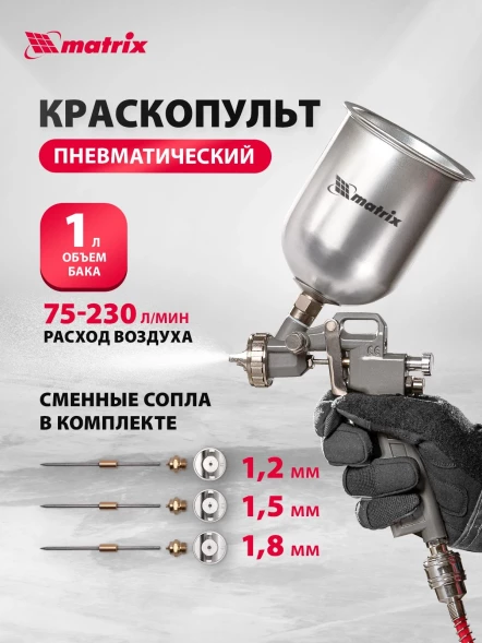 Краскораспылитель Matrix 57315 230л/мин соп.:1.8мм бак:1л серебристый