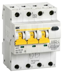 Выключатель автом. дифф. тока IEK MAD22-6-025-C-30 АВДТ 34 25A тип C 6kA 30мА A 4П 400В 4мод белый (упак.:1шт)
