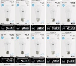 Лампа светодиодная Gauss Elementary 25Вт цок.:E27 груша 220B 6500K св.свеч.бел.хол. A67 (упак.:10шт) (73235)