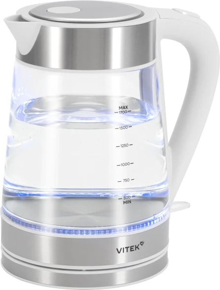 Чайник электрический Vitek VT-WK1030 1.7л. 2200Вт белый/серебристый корпус: стекло