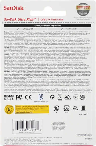 Флеш Диск Sandisk 512Gb Cruzer Ultra Flair SDCZ73-512G-G46 USB3.0 серебристый/черный