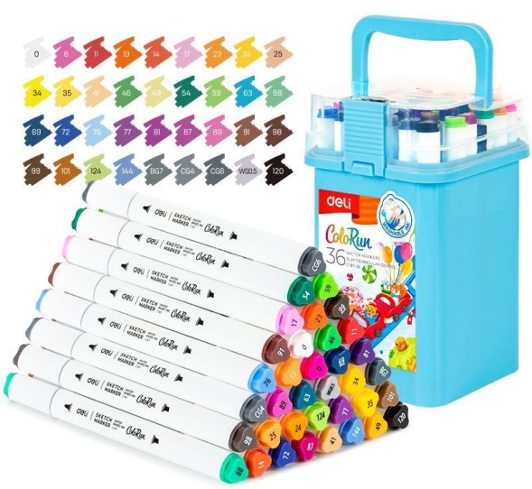 Набор маркеров для скетчинга Deli EC187-36 ColoRun 11мм 150мм трехгр. двойной пиш. наконечник 1-5мм 36цв. ассорти пластиковая коробка (36шт.)