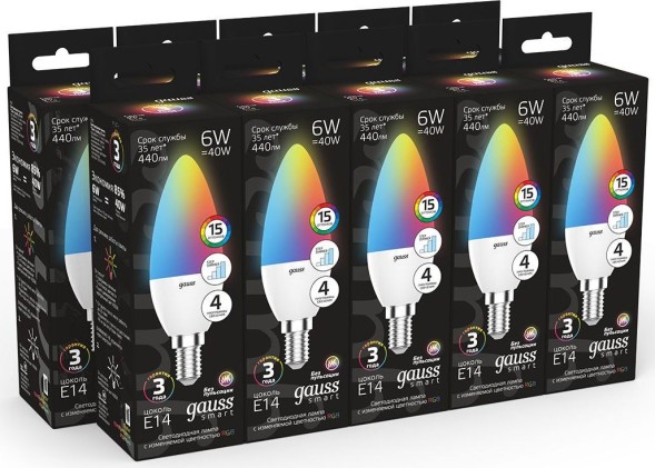 Лампа светодиодная Gauss 103101406 6Вт цок.:E14 свеча 220B св.свеч.RGB (упак.:1шт)