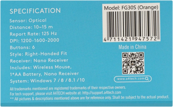 Мышь A4Tech Fstyler FG30S серый/оранжевый оптическая (2000dpi) silent беспроводная USB (6but)