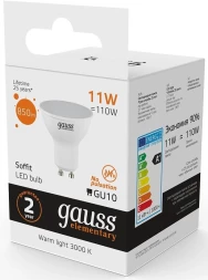 Лампа светодиодная Gauss Elementary 13611 11Вт цок.:GU10 софит 180B 3000K св.свеч.бел.теп. (упак.:1шт)