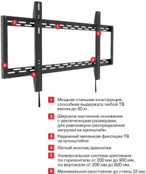Кронштейн для телевизора Arm Media PT-100 черный 55&amp;quot;-100&amp;quot; макс.80кг настенный фиксированный