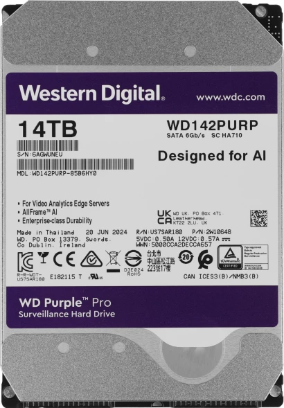 Жесткий диск WD SATA-III 14TB WD142PURP Surveillance Purple Pro (7200rpm) 512Mb 3.5&amp;quot;