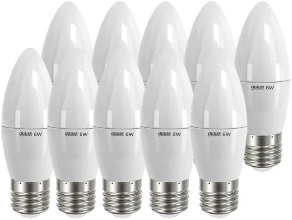 Лампа светодиодная Gauss Elementary 6Вт цок.:E27 свеча 220B 4100K св.свеч.бел.нейт. C37 (упак.:10шт) (33226)